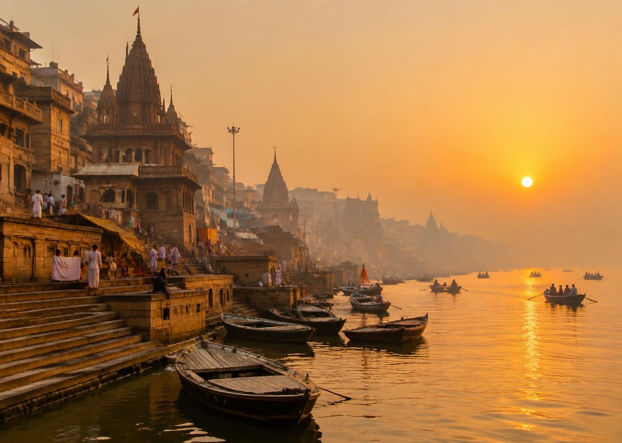 Varanasi ghats and boats on the Ganga at sunrise