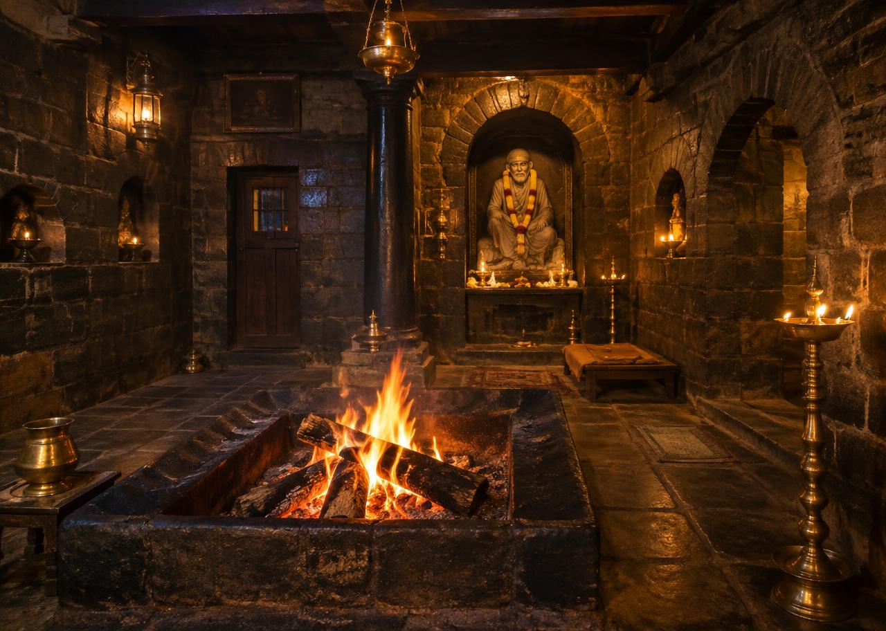 Dwarkamai mosque interior with the eternal dhuni flame